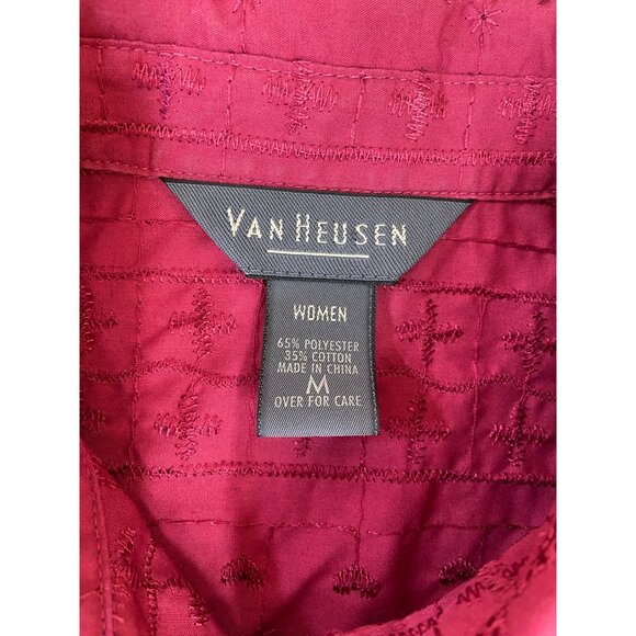 Van Heusen Womens Medium Collard Shirt Red Long Sleeve Floral Button-Down - Picture 3 of 11